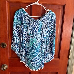 Lilly Pulitzer Blue and White Off the Shoulder Patterned Top